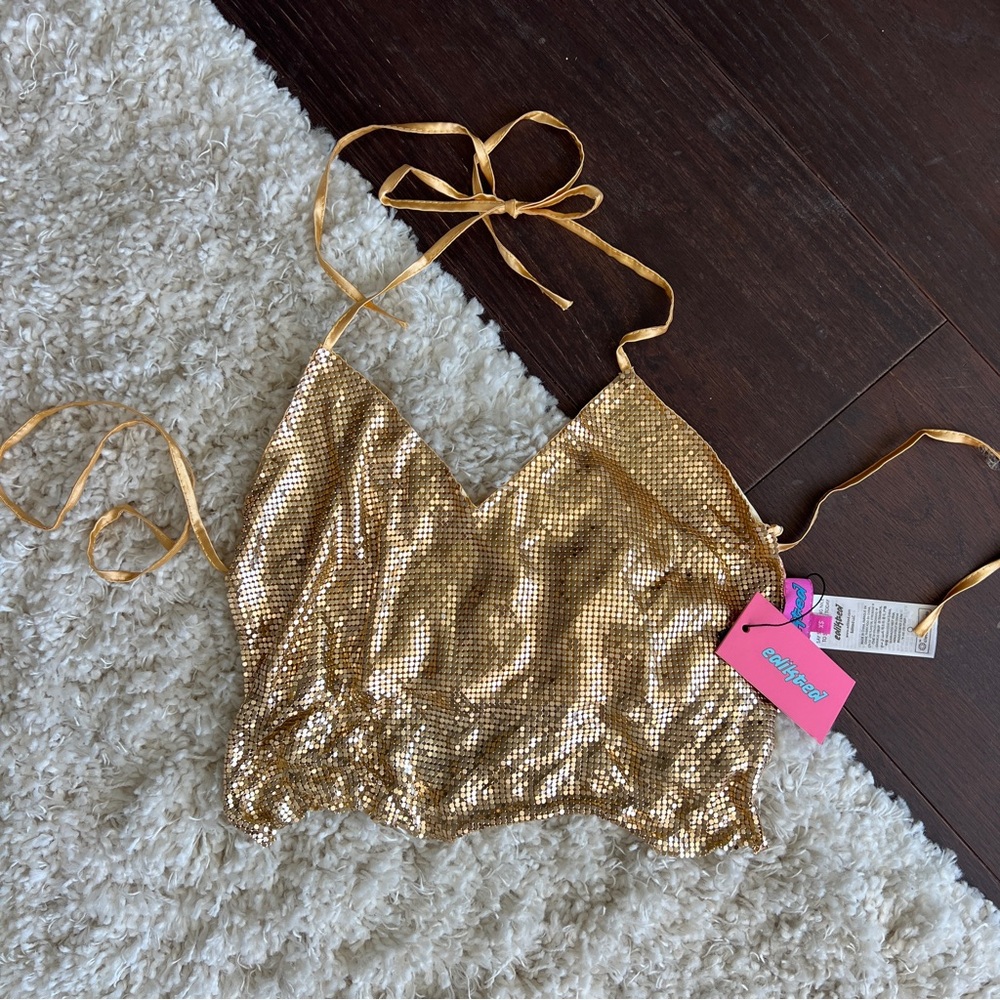 Edikted Chainmail Open Back Halter Top - Gold
